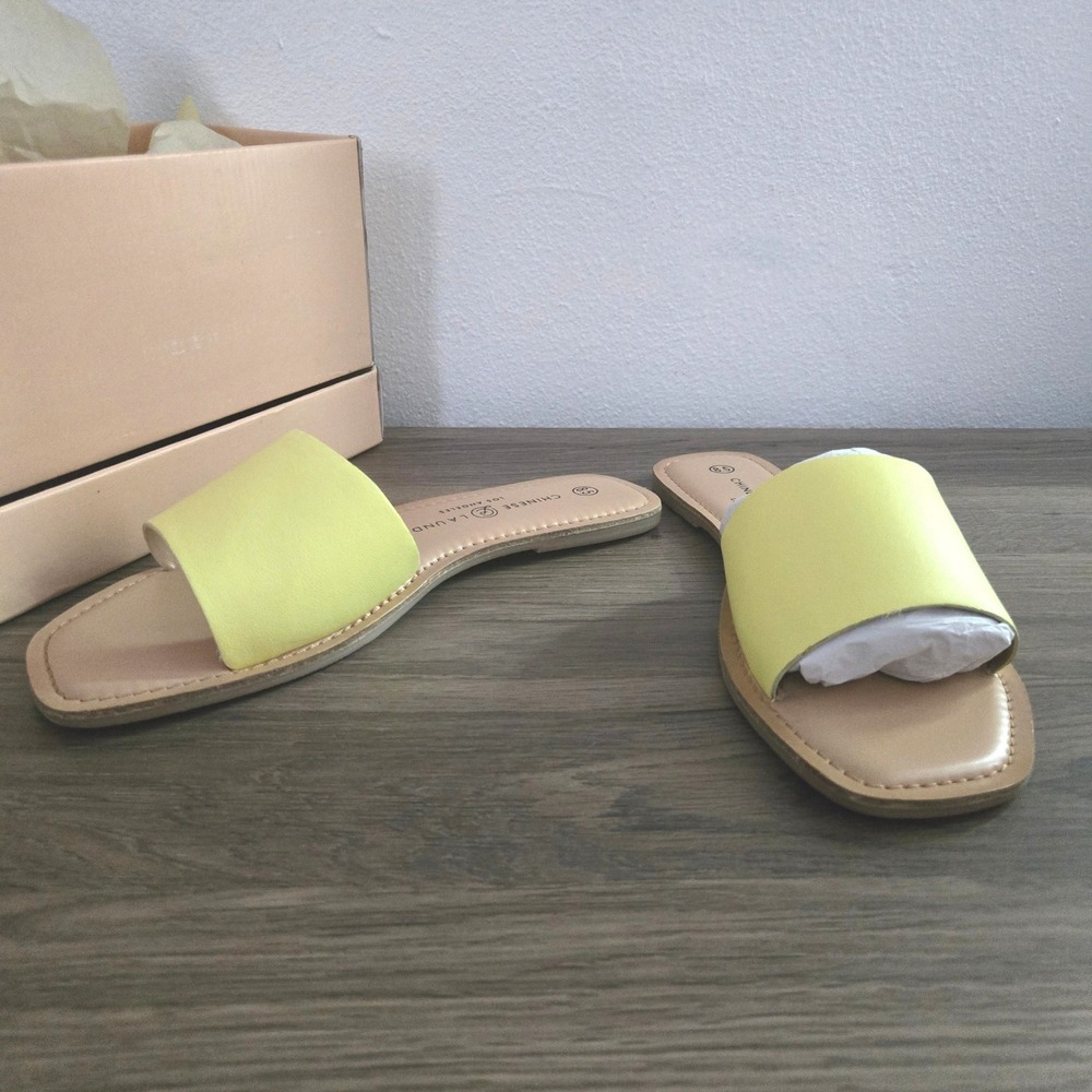Chinese Laundry Regina Yellow Leather Square Toe Flat Slide Sandals Size 8.5